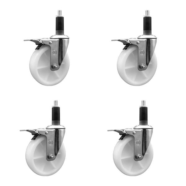 5'' SS Nylon Swivel 1-1/8'' Expanding Stem Caster Set Total Lock Brake, 4PK
